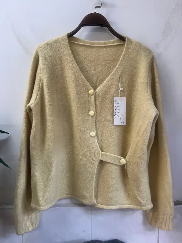 Cream Yellow V-Neck Twist-Knot Cropped Knit Cardigan
