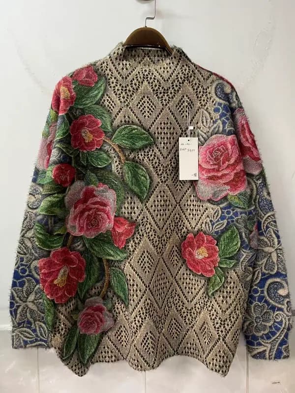 3D Rose Floral Vintage Jacquard Pullover Sweater