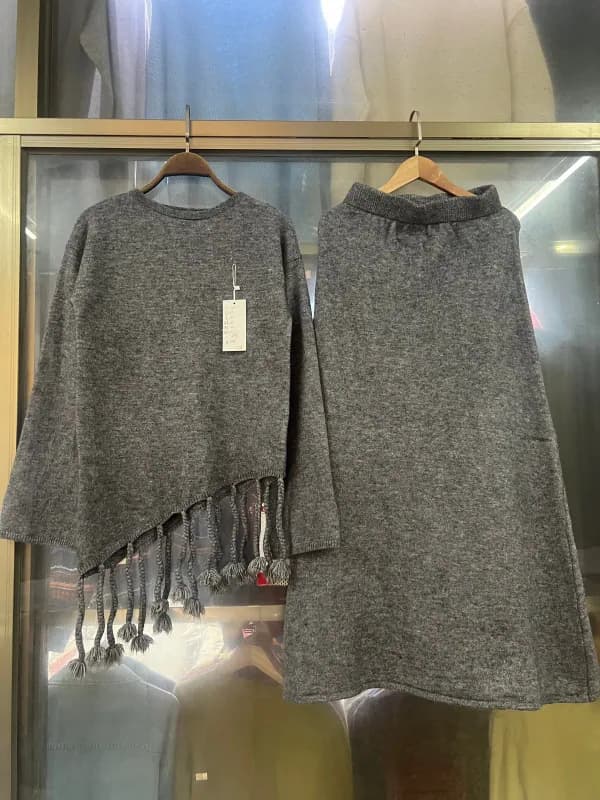 Dark Gray Irregular-Hem Knit Top Skirt Set