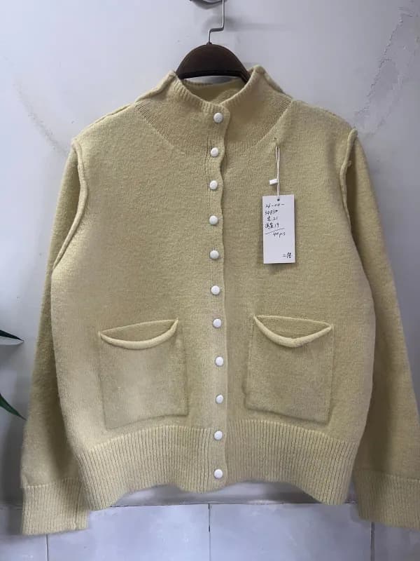 Cream Yellow Double-Pocket Stand-Collar Button Knit Cardigan