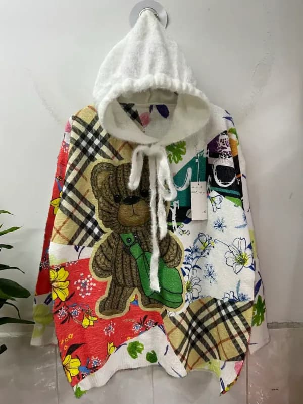 格纹拼接花卉连帽休闲套头毛衣