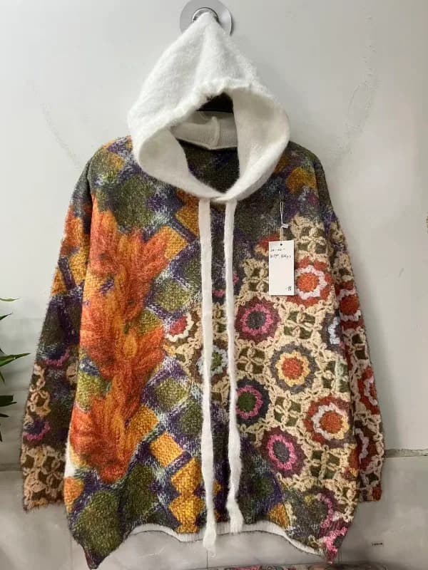 油画花卉连帽宽松针织毛衣