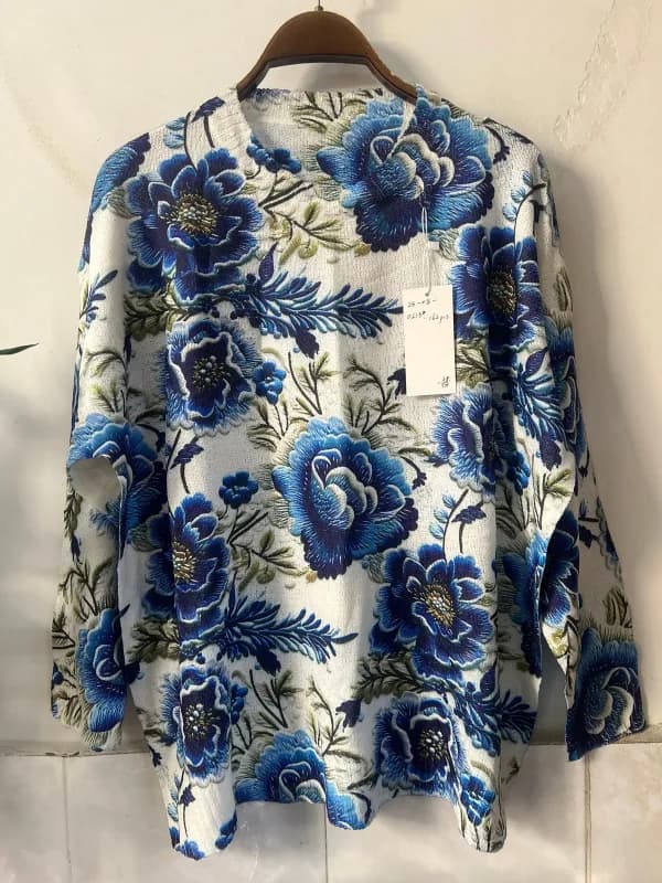 Blue Peony Large Floral Print Loose-Fit Pullover Knit Top