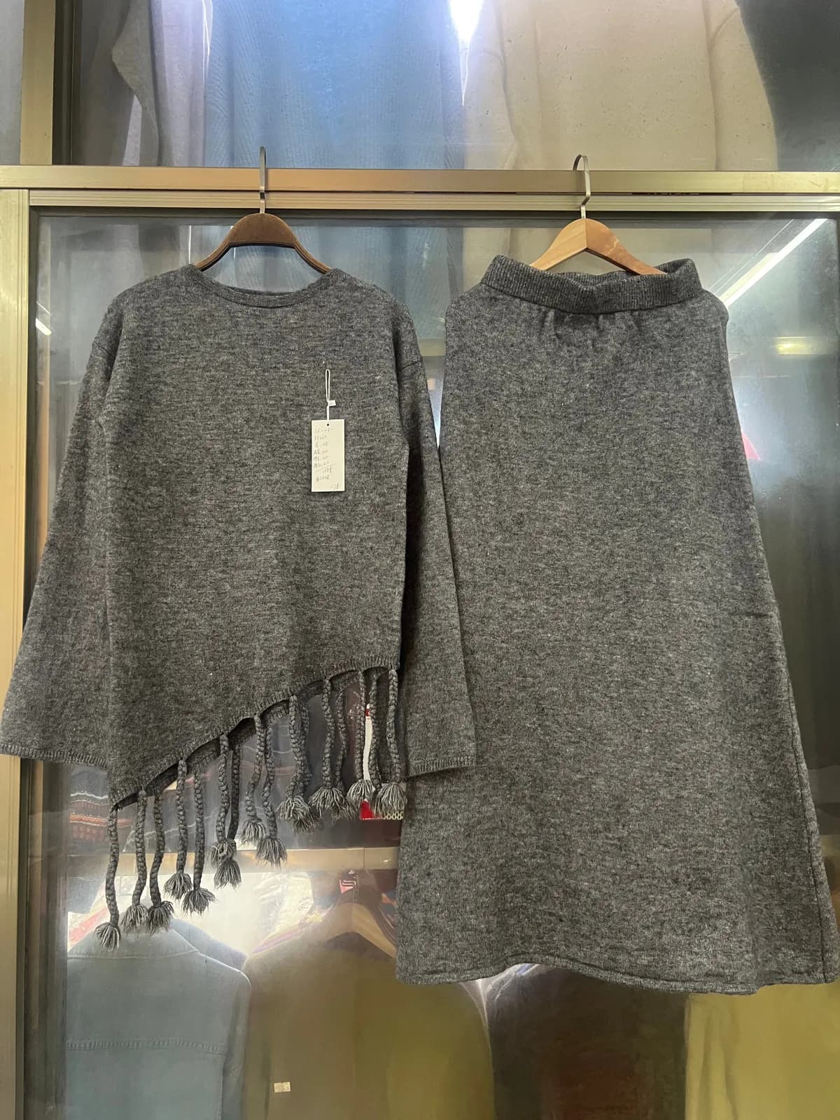 Dark Gray Irregular-Hem Knit Top Skirt Set
