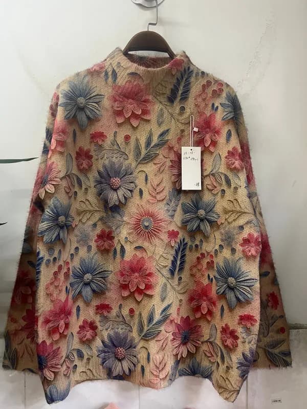 Dark Red Vintage Large Floral High-Neck Loose-Fit Knit Sweater