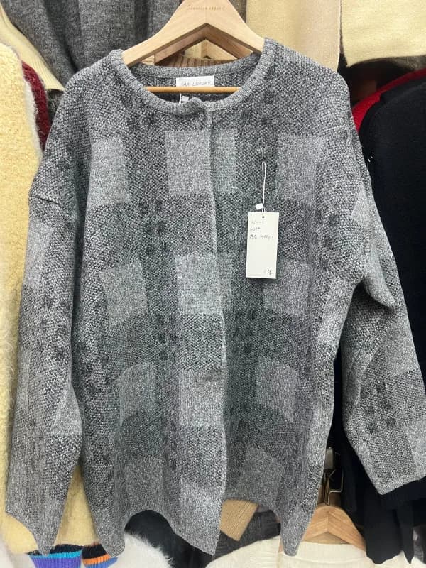 Gray Black Big Check Crew-Neck Loose-Fit Knit Pullover