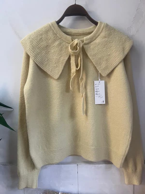 Cream Yellow Bow Peter-Pan Collar Loose-Fit Knit Sweater