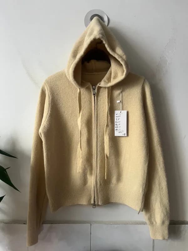 Cream Yellow Zipper Hooded Loose-Fit Knit Cardigan