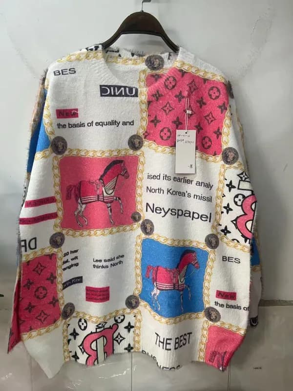 Colorful Newspaper-Style Print Loose-Fit Pullover Knit Sweater