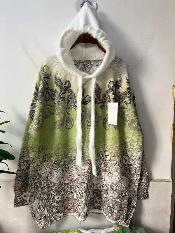 绿调复古花卉连帽宽松针织衫