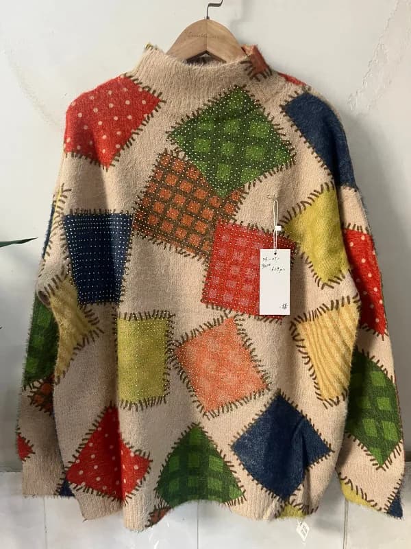 Patchwork Check Fun Print Loose-Fit Pullover Knit Top
