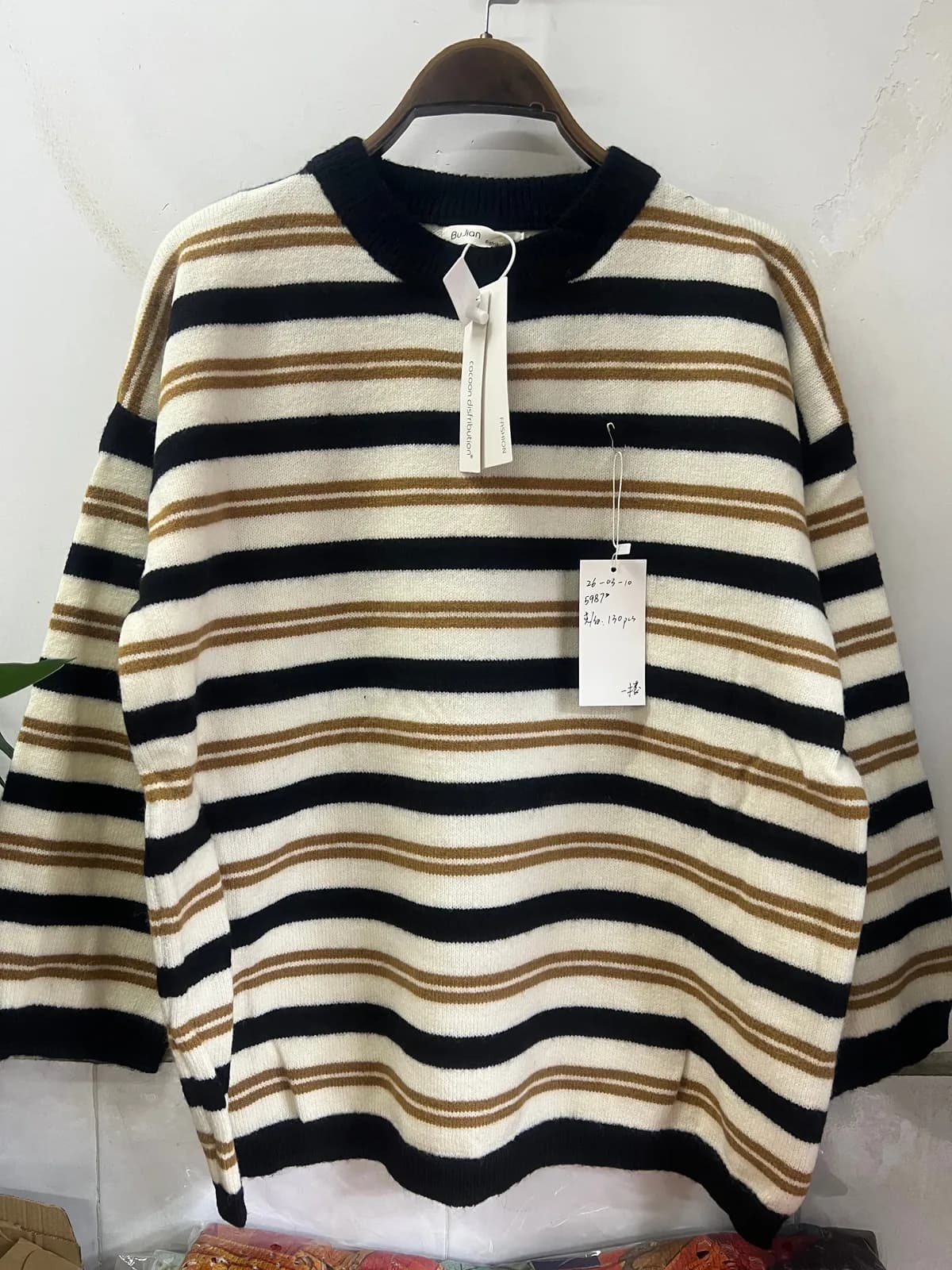 Black White Striped Crew-Neck Loose-Fit Knit Pullover