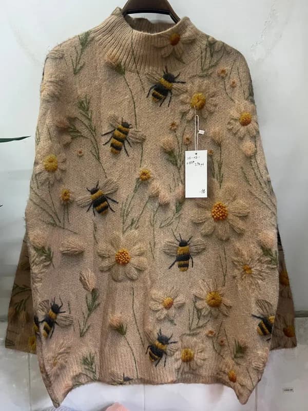 Earth-Tone Botanical Print High-Neck Loose-Fit Knit Sweater