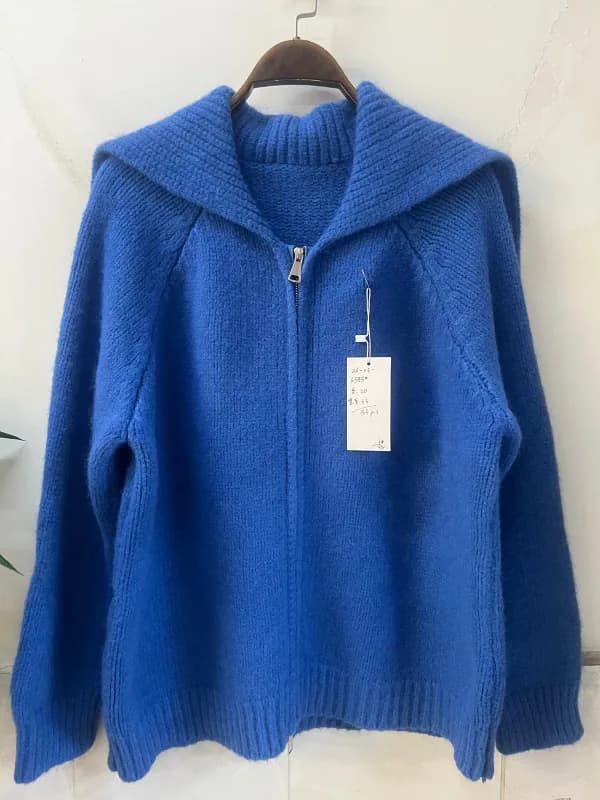 Royal Blue Big Collar Zipper Knit Cardigan