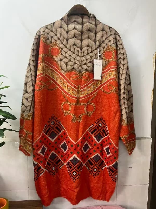 Red-Base Ethnic Geometric Jacquard High-Neck Knit Sweater