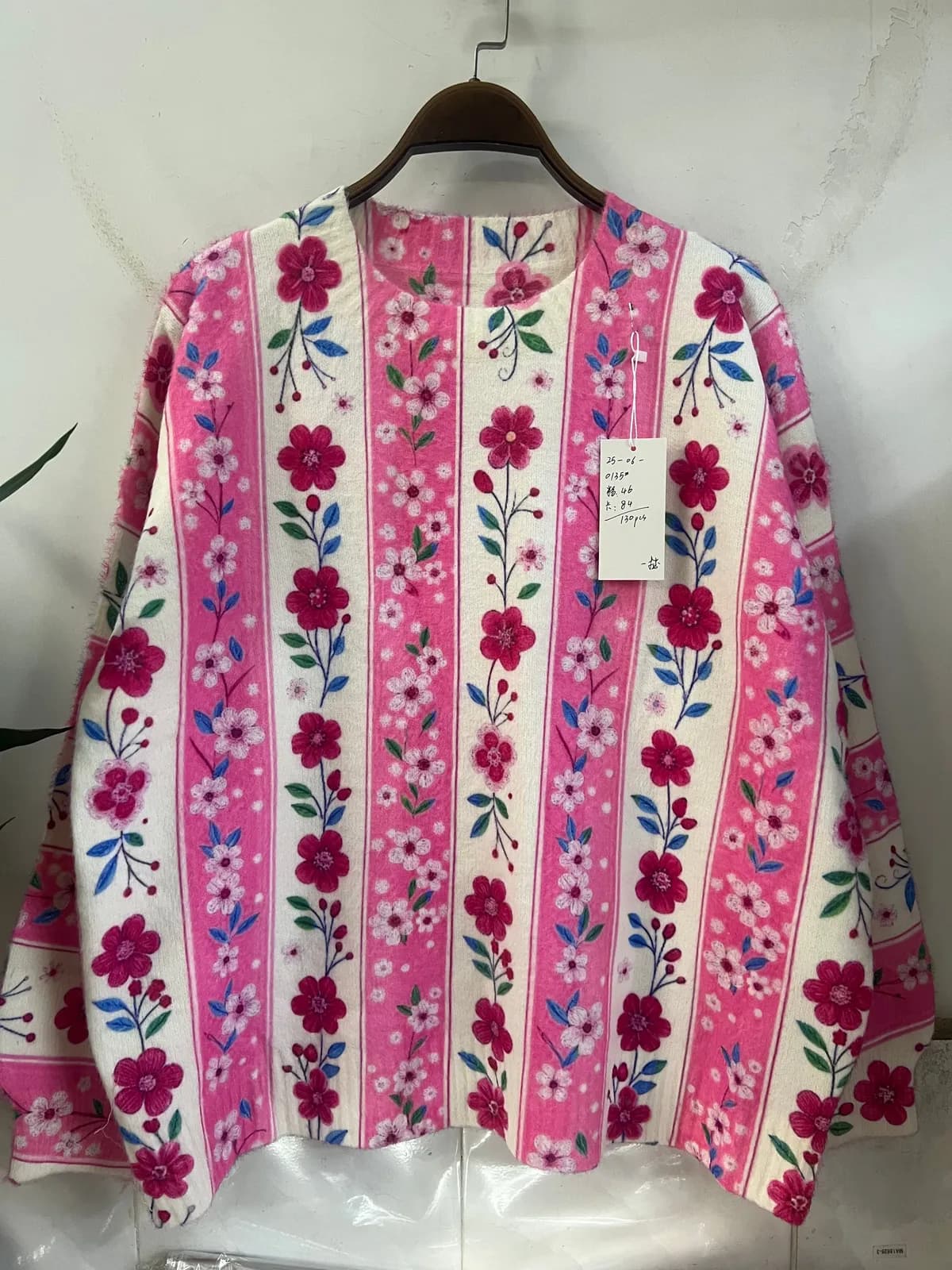 Pink Purple Striped Floral Print Loose-Fit Pullover Knit Top