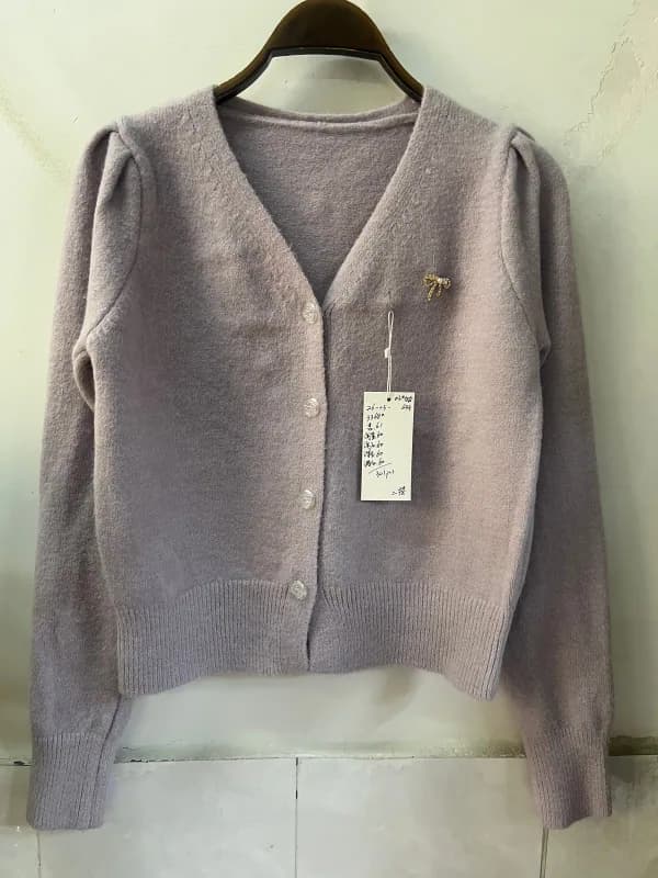 Taro Purple Pearl Trim V-Neck Knit Cardigan
