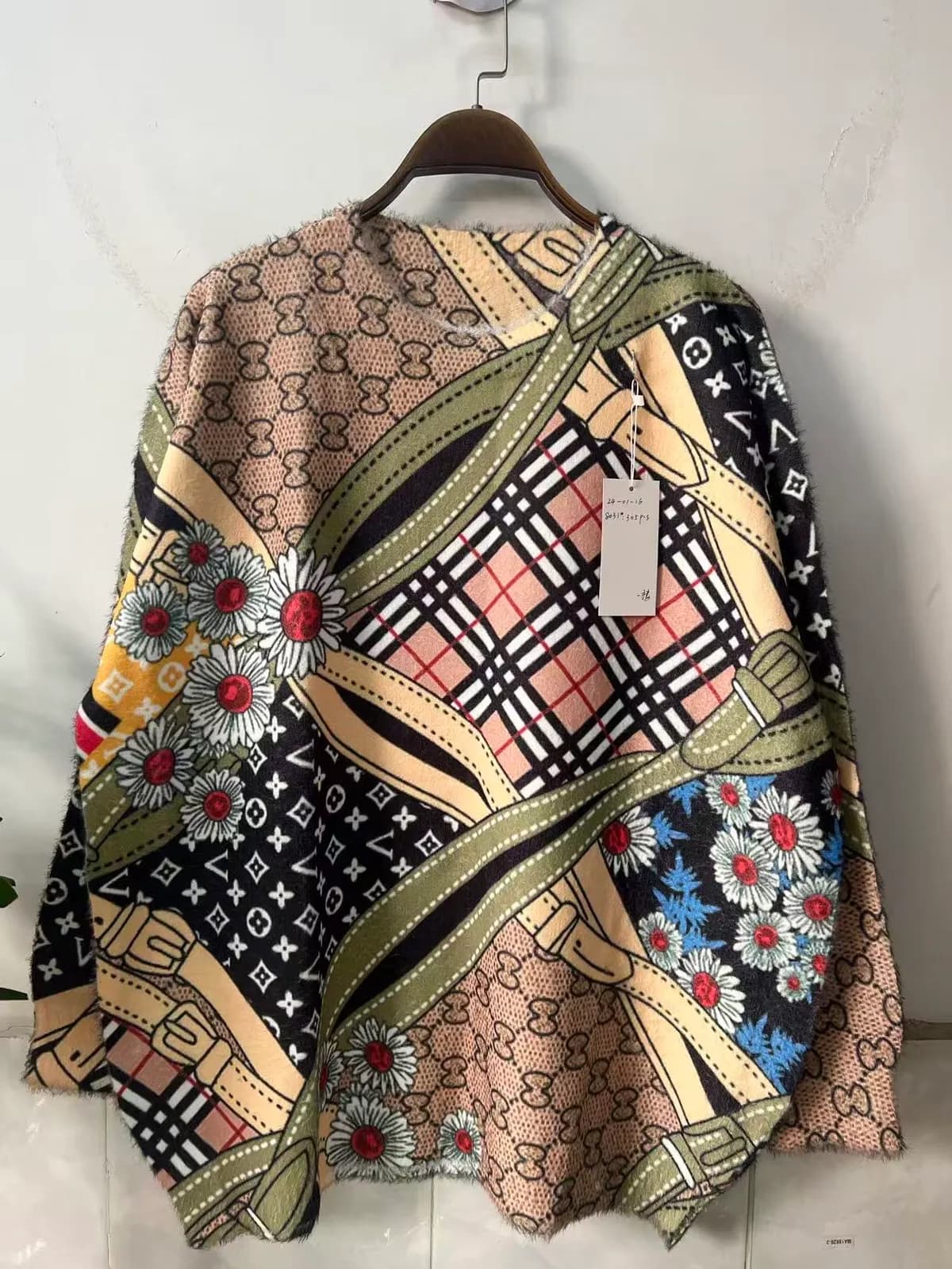Ethnic Plaid Patchwork Print Loose-Fit Pullover Knit Top