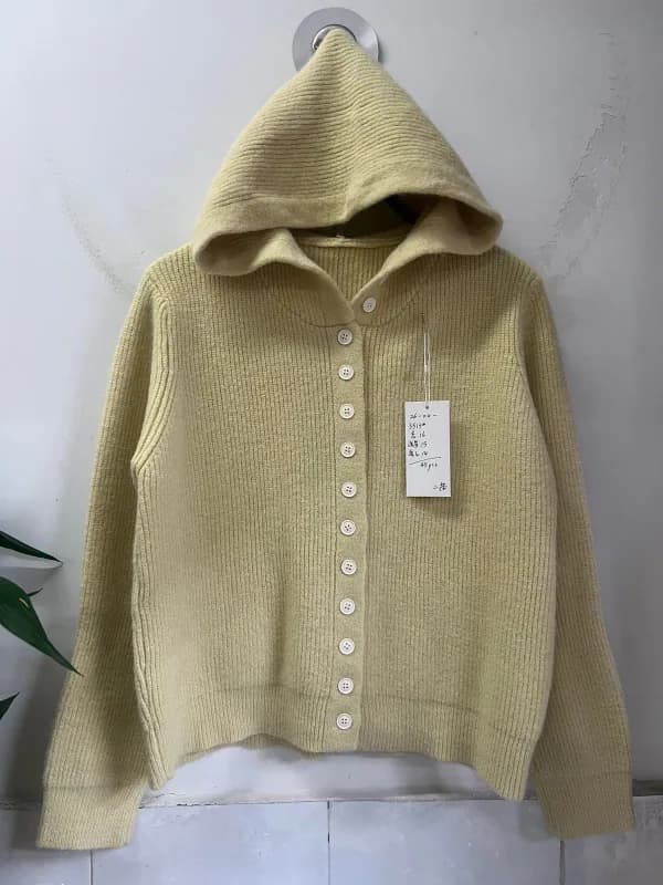 Cream Yellow Zipper Hooded Loose-Fit Knit Cardigan