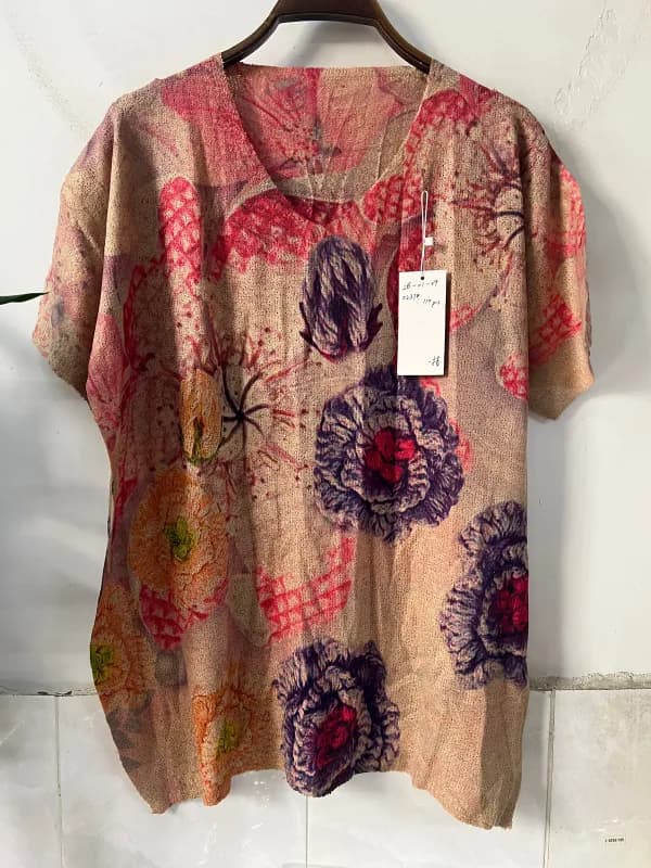 Vintage Dark Red Floral Short-Sleeve Loose-Fit Knit Top