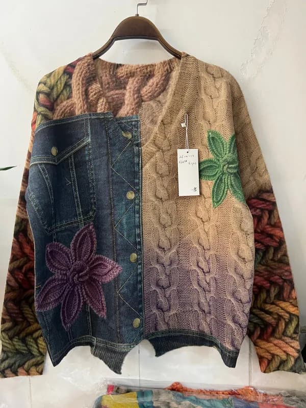Gradient Denim-Style Patchwork V-Neck Knit Cardigan
