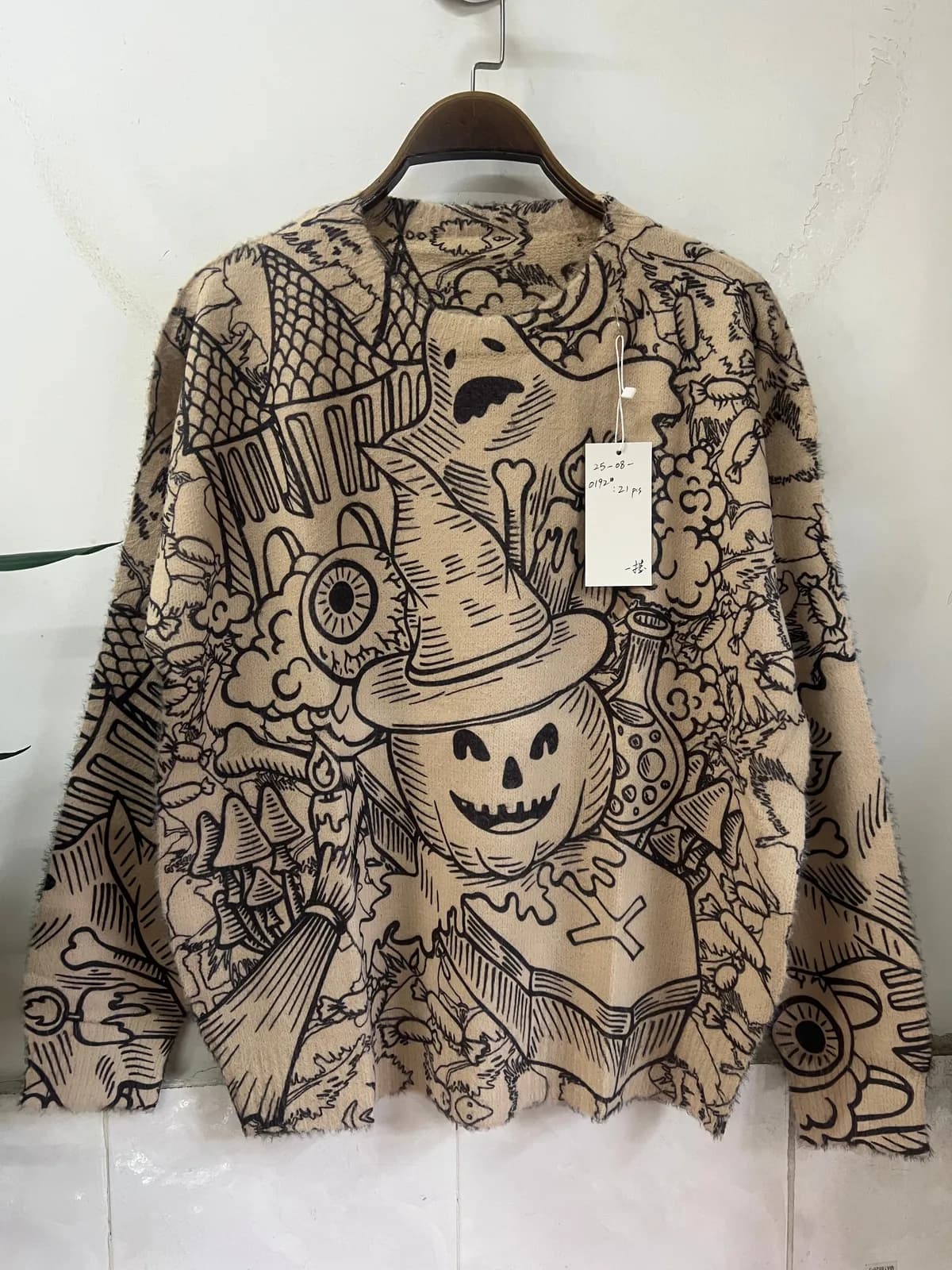 Cartoon Pumpkin Vintage Print Loose-Fit Knit Sweater