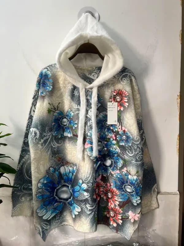 水墨花卉连帽休闲针织套头衫