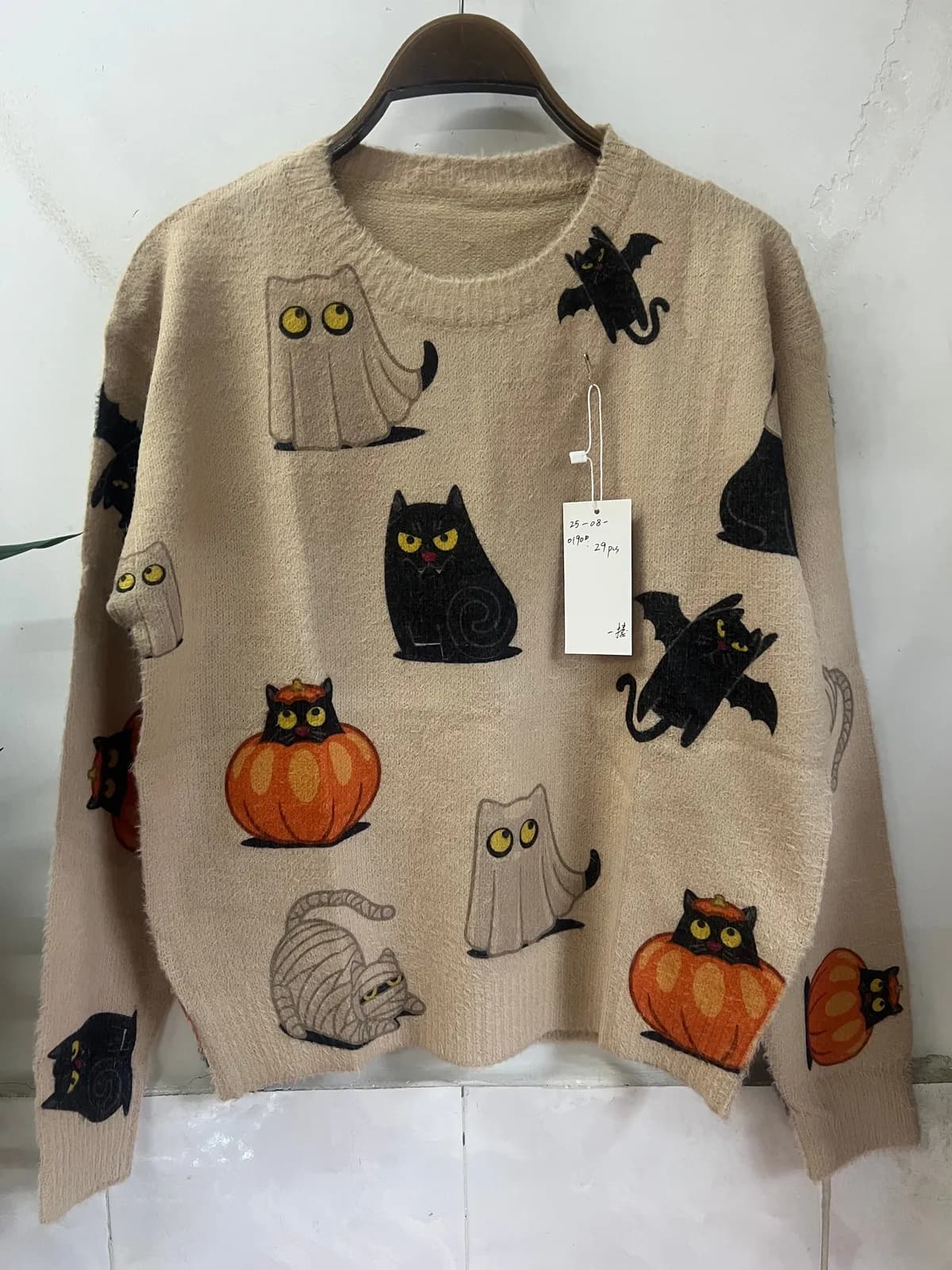 Cartoon Cat Pumpkin Fun Print Loose-Fit Sweater