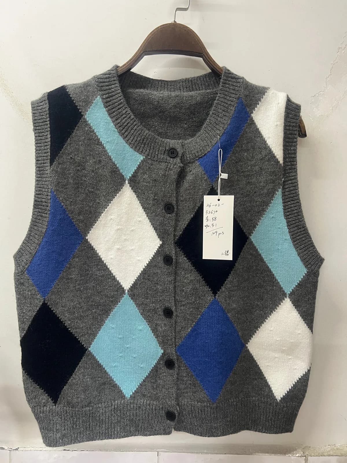 Blue Gray Diamond Color-Block V-Neck Knit Vest