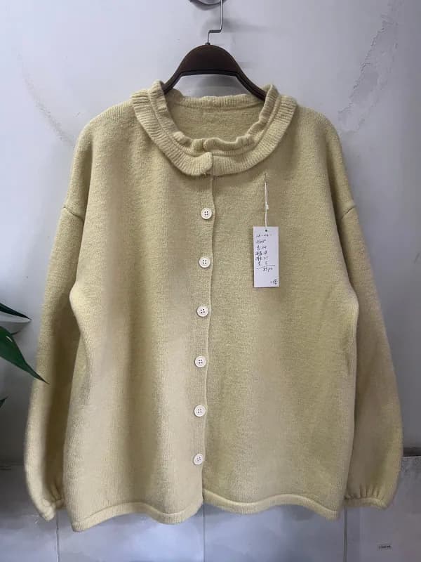 Cream Yellow Ruffle Stand-Collar Button Knit Cardigan