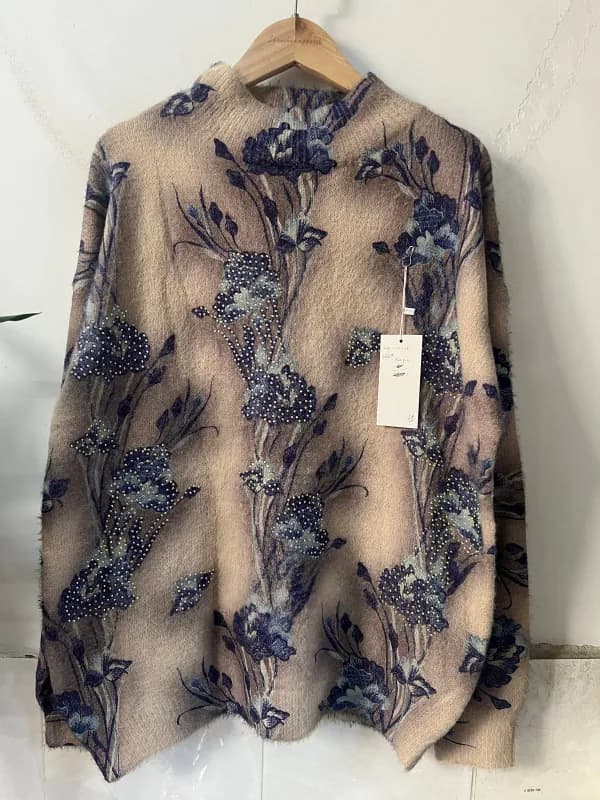 Dark-Tone Ink-Wash Floral Vintage Loose-Fit Knit Sweater