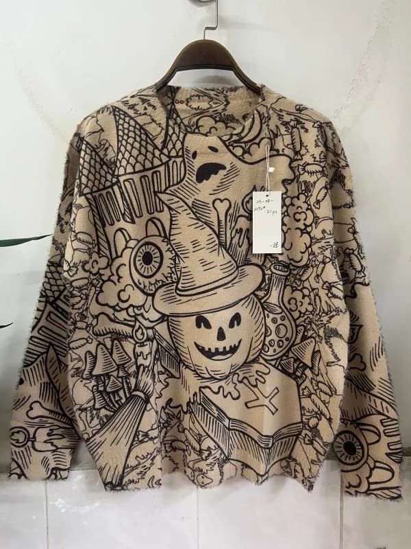 卡通南瓜复古印花宽松针织毛衣