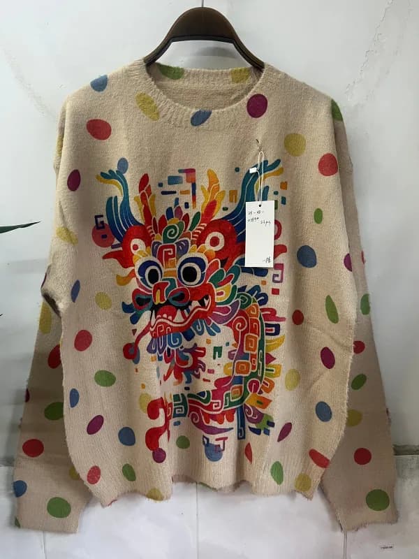 Polka Dot Cartoon Fun Print Loose-Fit Pullover Knit Top