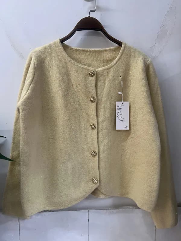 Cream Yellow Crew-Neck Button Cropped Knit Cardigan