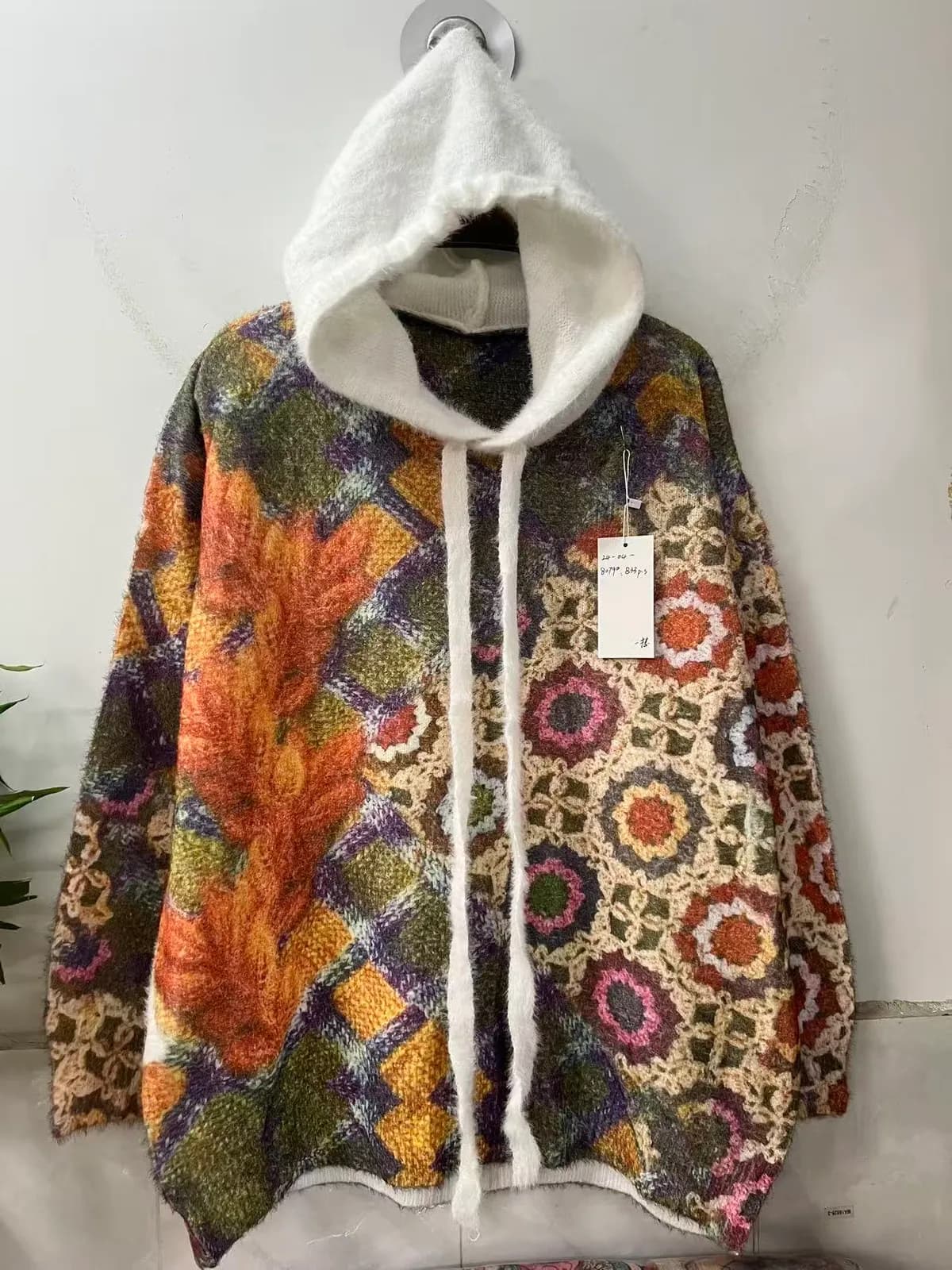 油画花卉连帽宽松针织毛衣