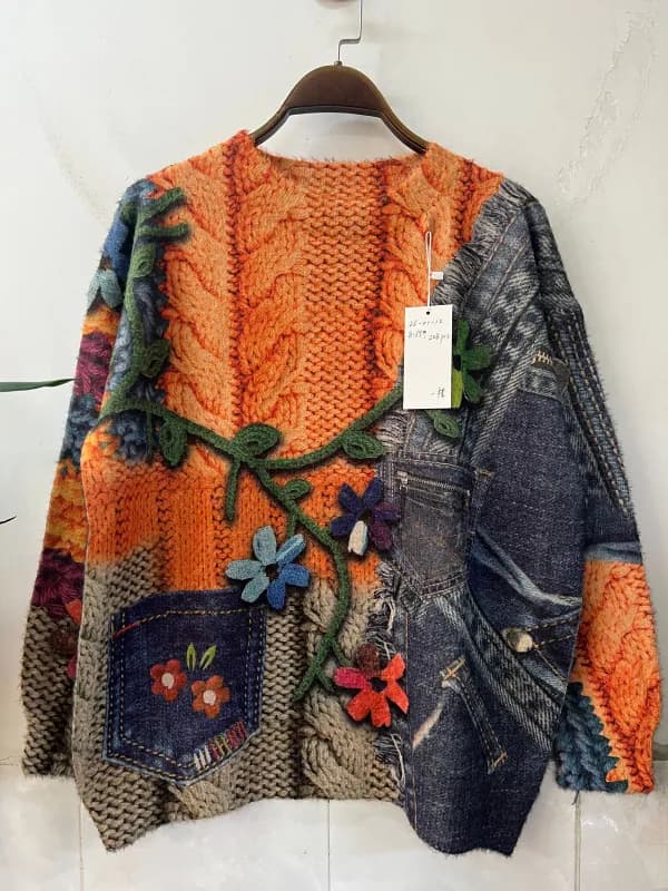 Ethnic Oil-Painting Contrast V-Neck Knit Cardigan Jacket