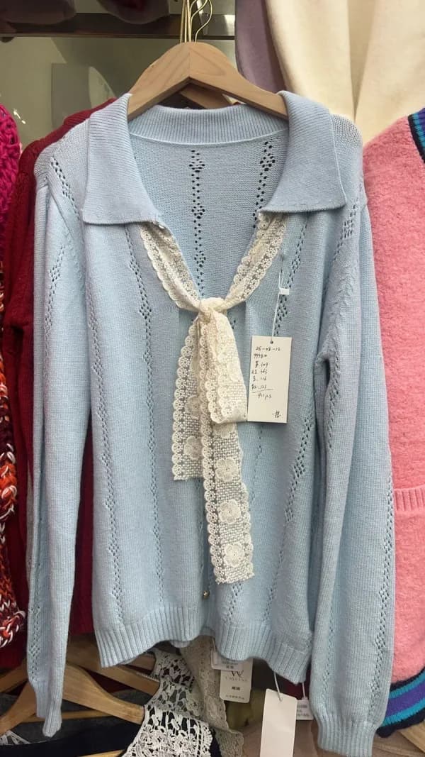 Light Blue Collar Ribbon-Tie Knit Cardigan