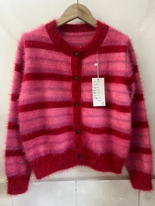 Pink Horizontal Stripe Crew-Neck Knit Cardigan Jacket