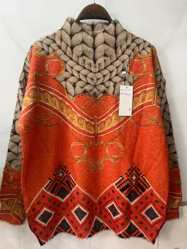 Red Orange Ethnic Geometric Jacquard Vintage Pullover Sweater