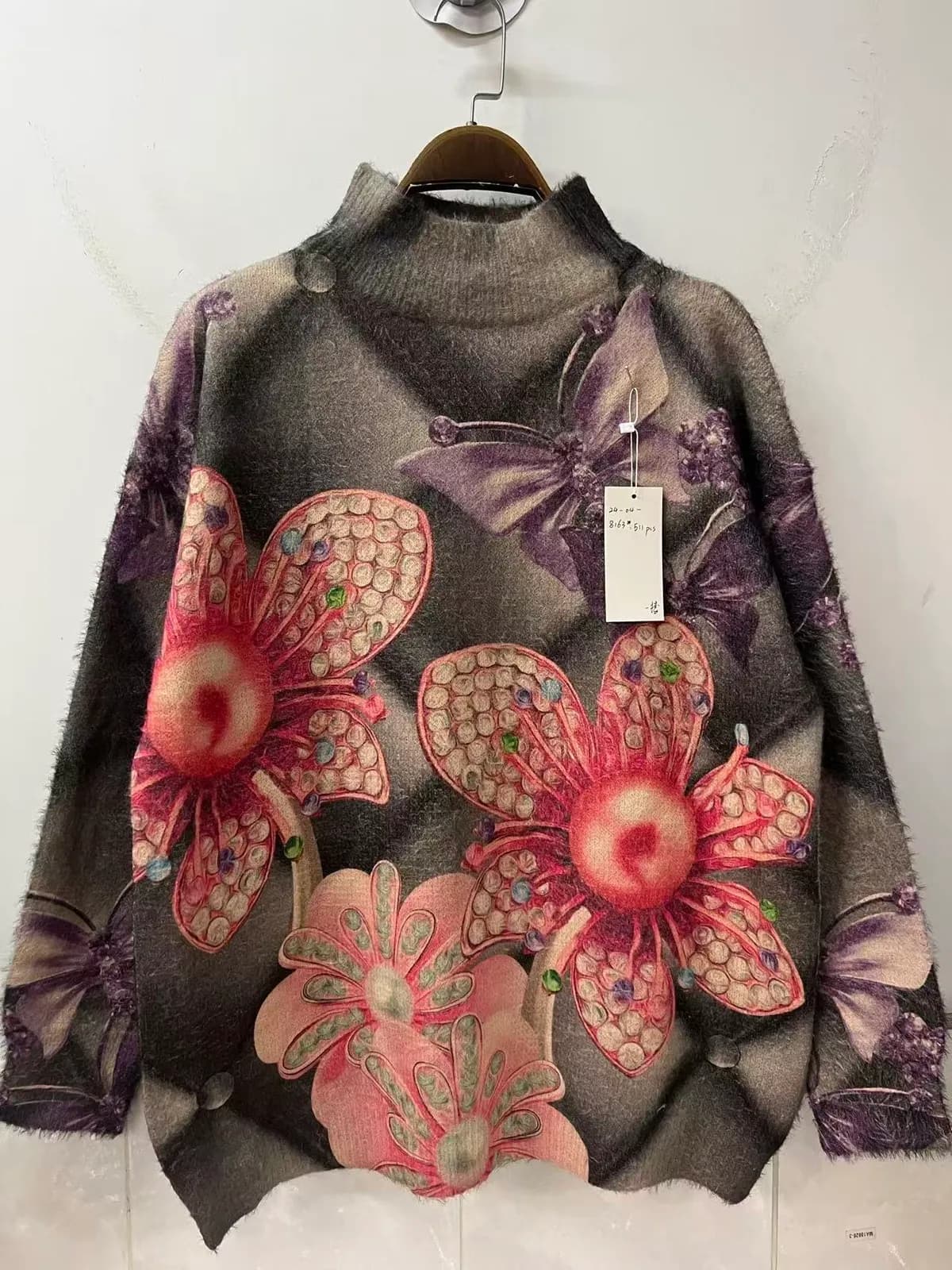 Dusty Pink Large Floral Vintage High-Neck Pullover Knit Top