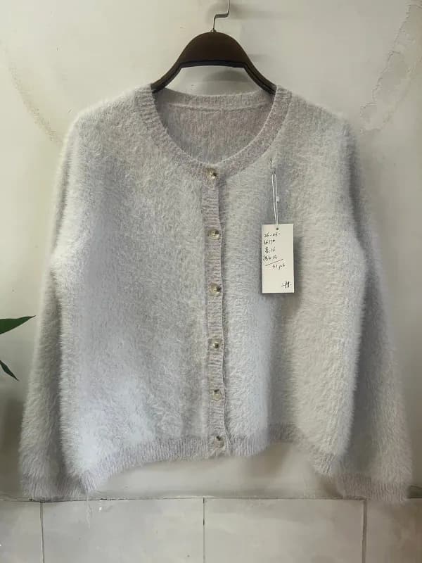 Light Gray Minimal Crew-Neck Cropped Knit Cardigan