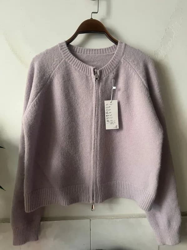 Taro Purple Cropped Zipper Hooded Knit Cardigan