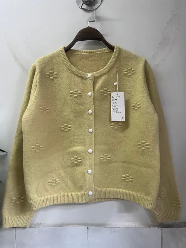 Cream Yellow Embossed Jacquard Crew-Neck Button Knit Cardigan