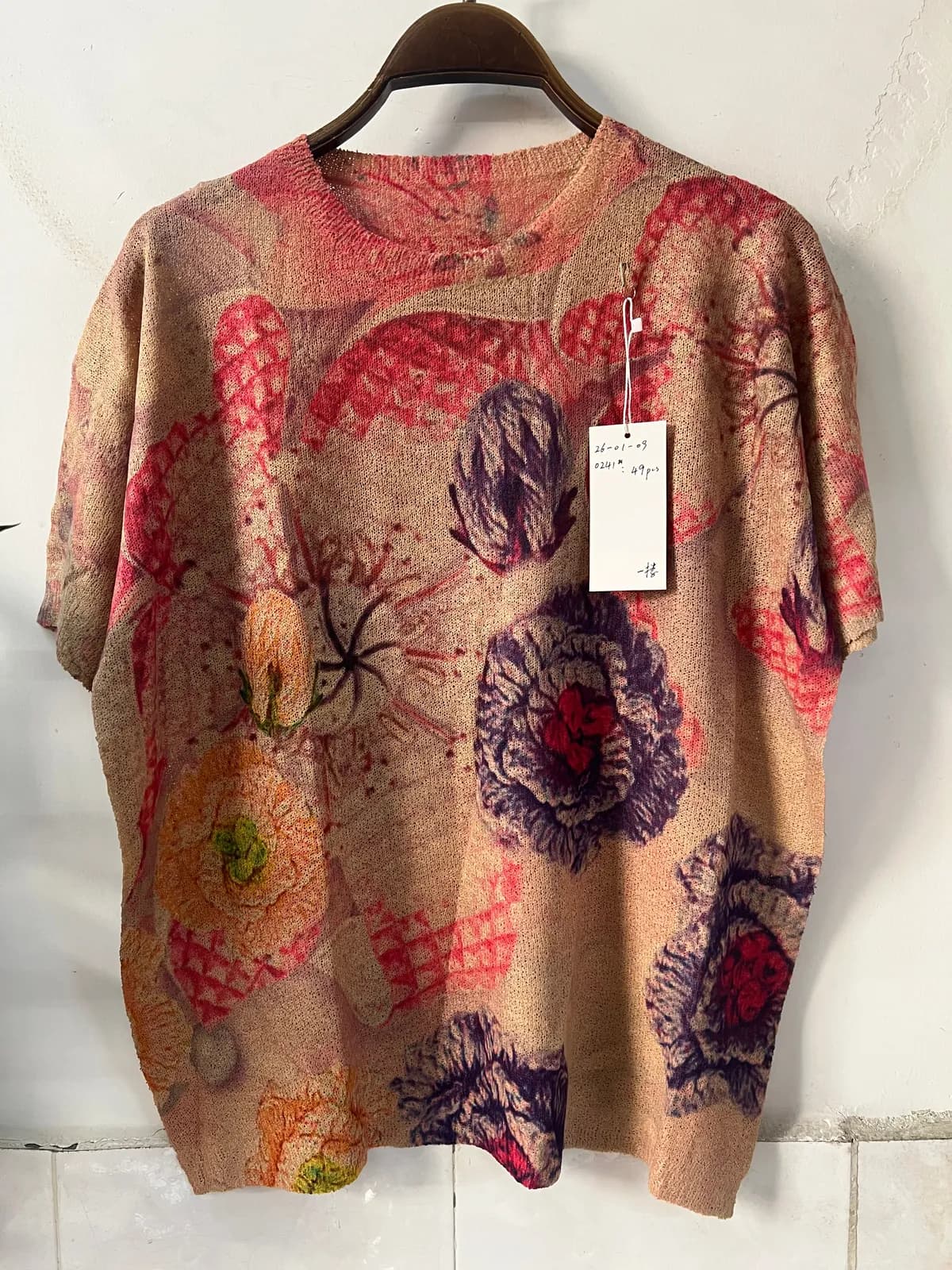 Vintage Peony Floral Short-Sleeve Loose-Fit Knit Top