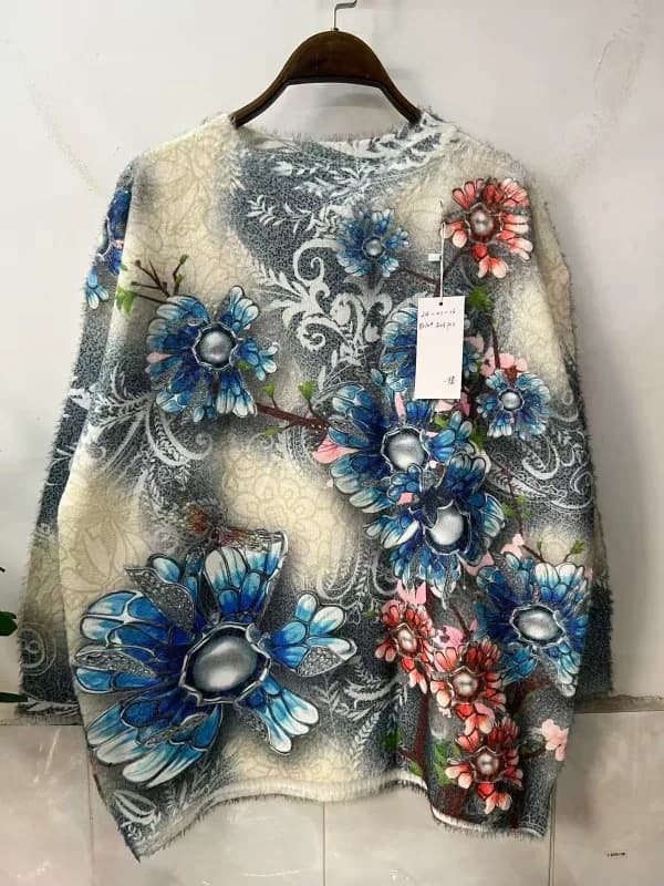 蓝白水墨印花连帽宽松针织上衣