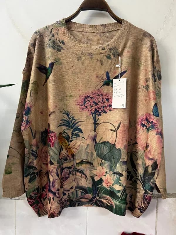Earth-Tone Botanical Print Short-Sleeve Knit Tee