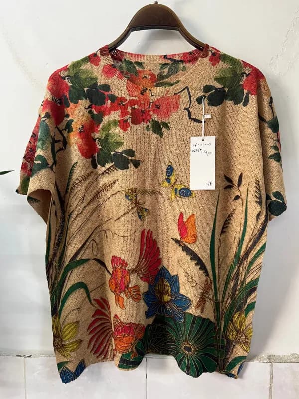 Vintage Oil-Painting Floral Short-Sleeve Loose-Fit Knit Top