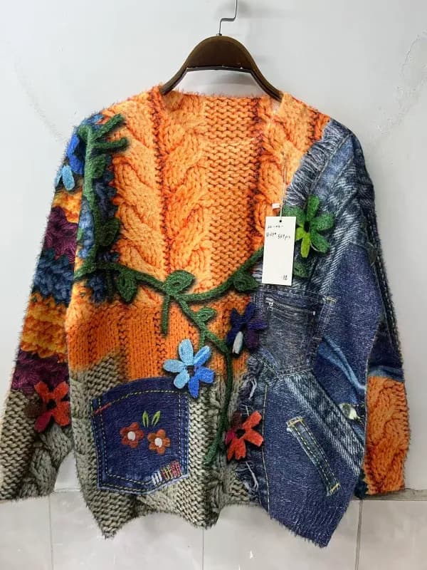 撞色油画花卉印花宽松针织上衣