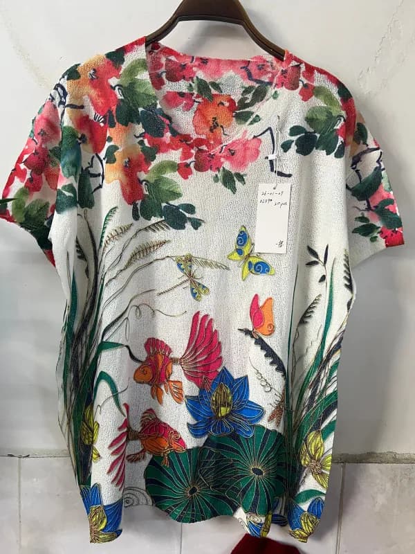 Flower Bird Landscape Print Short-Sleeve Loose-Fit Knit Top
