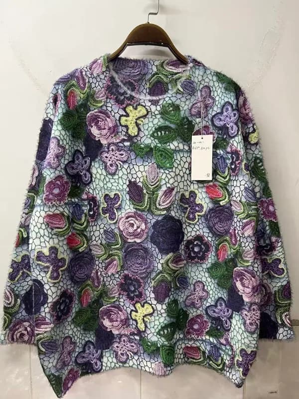 Purple-Tone Melange Floral Print Loose-Fit Pullover Knit Top